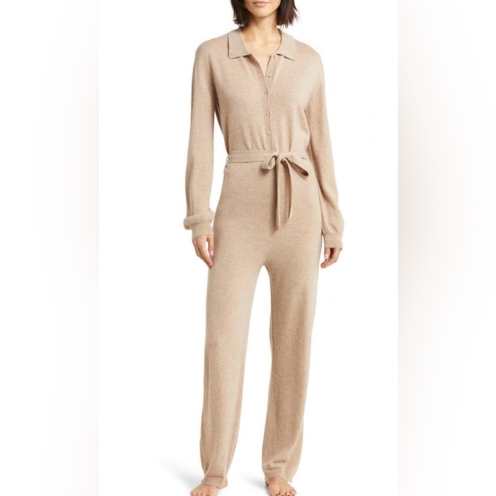 Cashmere Nordstroms Tie Waist Jumpsuit in Tan Chanterelle, NWOT
